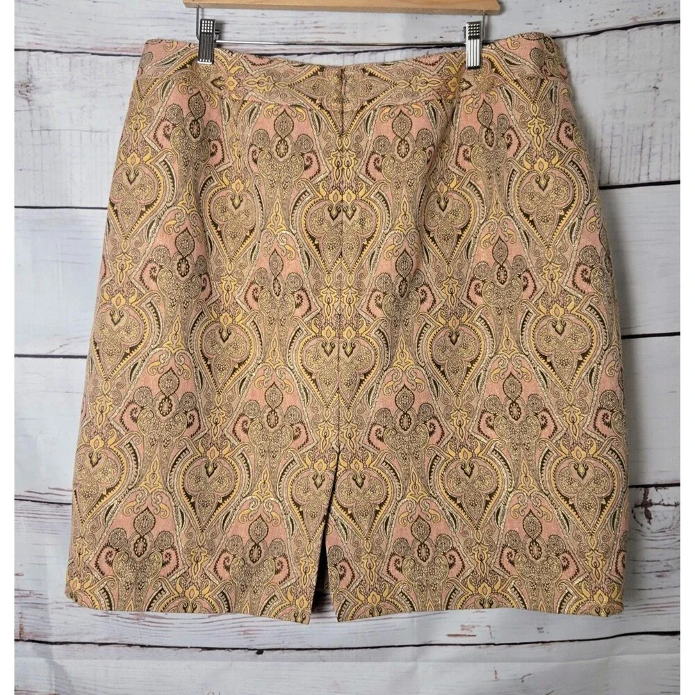Talbots Womens Skirt Size 22W Pink Gold Metallic Paisley Brocade Pencil Work
